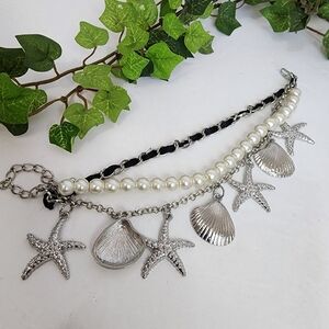 Silver 3 Strand Chain Bracelet Pearls, Seashell Starfish